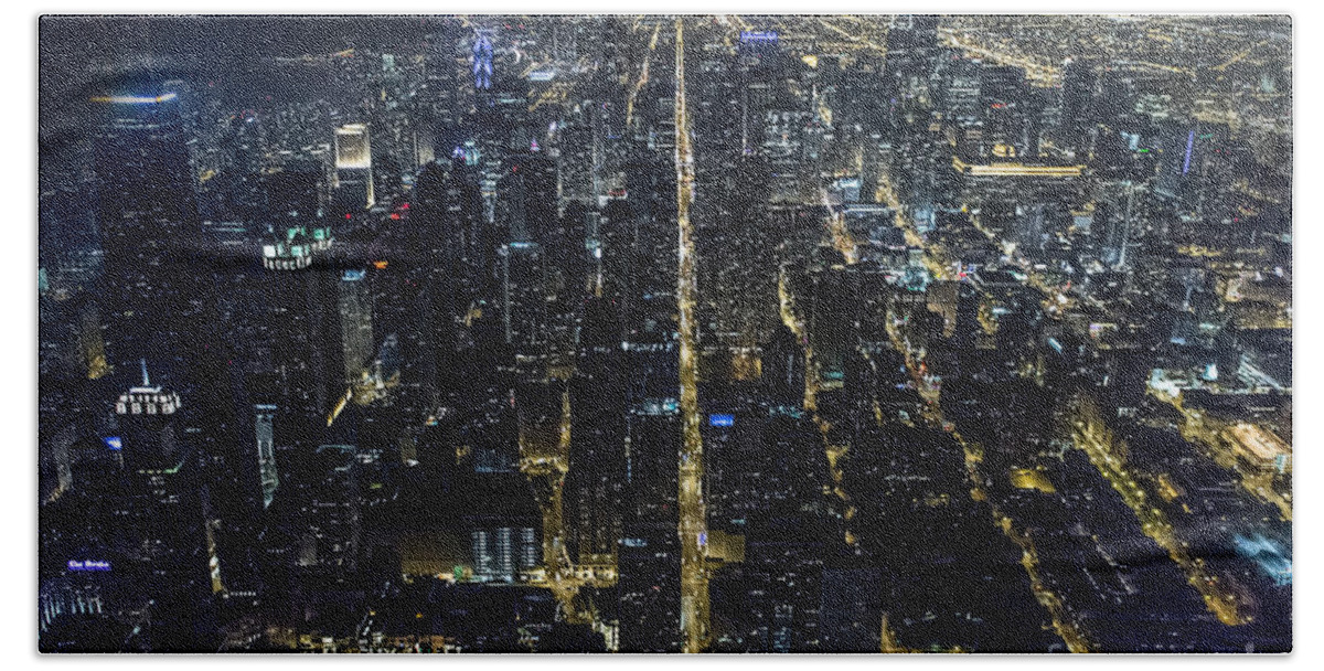 Chicago Bath Towel featuring the photograph Chicago Night Skyline Aerial Photo #18 by David Oppenheimer