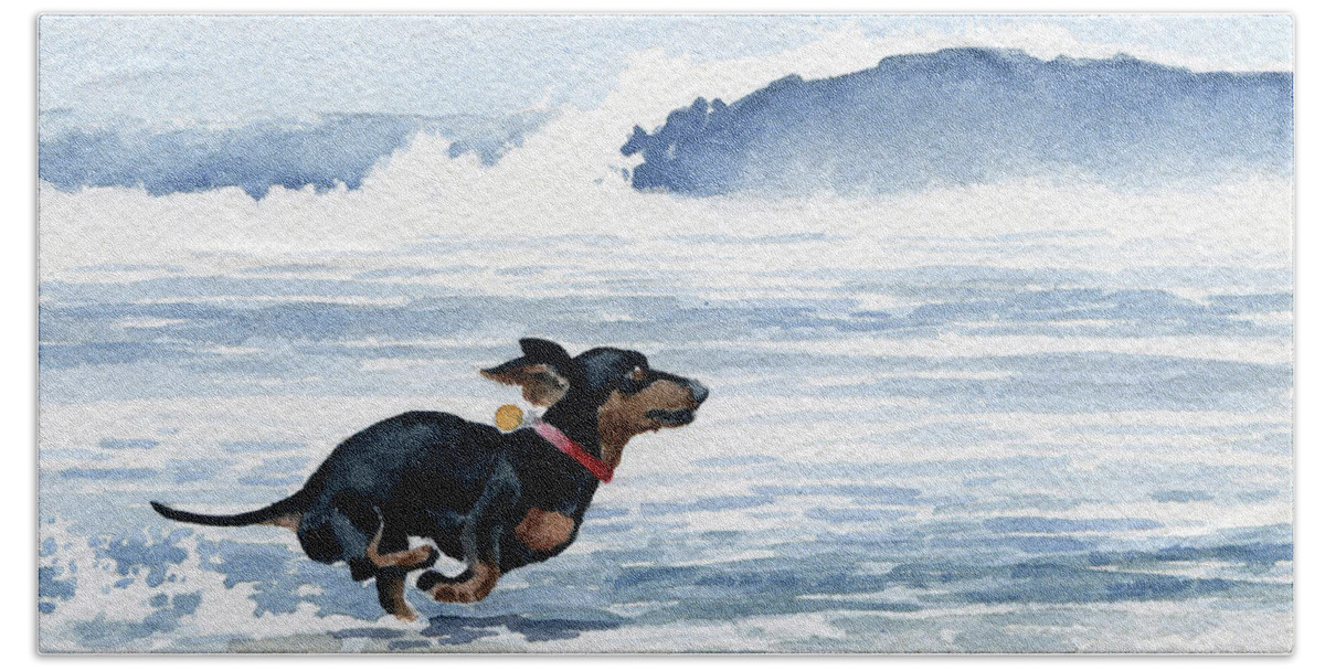 Dachshund Hand Towel featuring the painting Dachshund at the Beach #3 by David Rogers