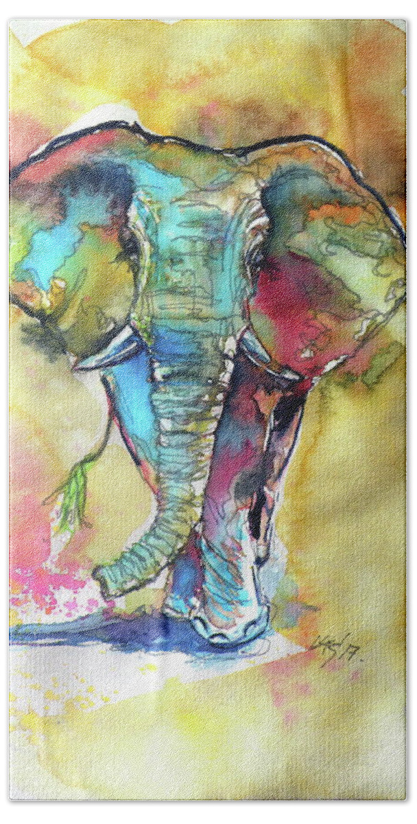 Elephant Bath Towel featuring the painting Elephant #4 by Kovacs Anna Brigitta