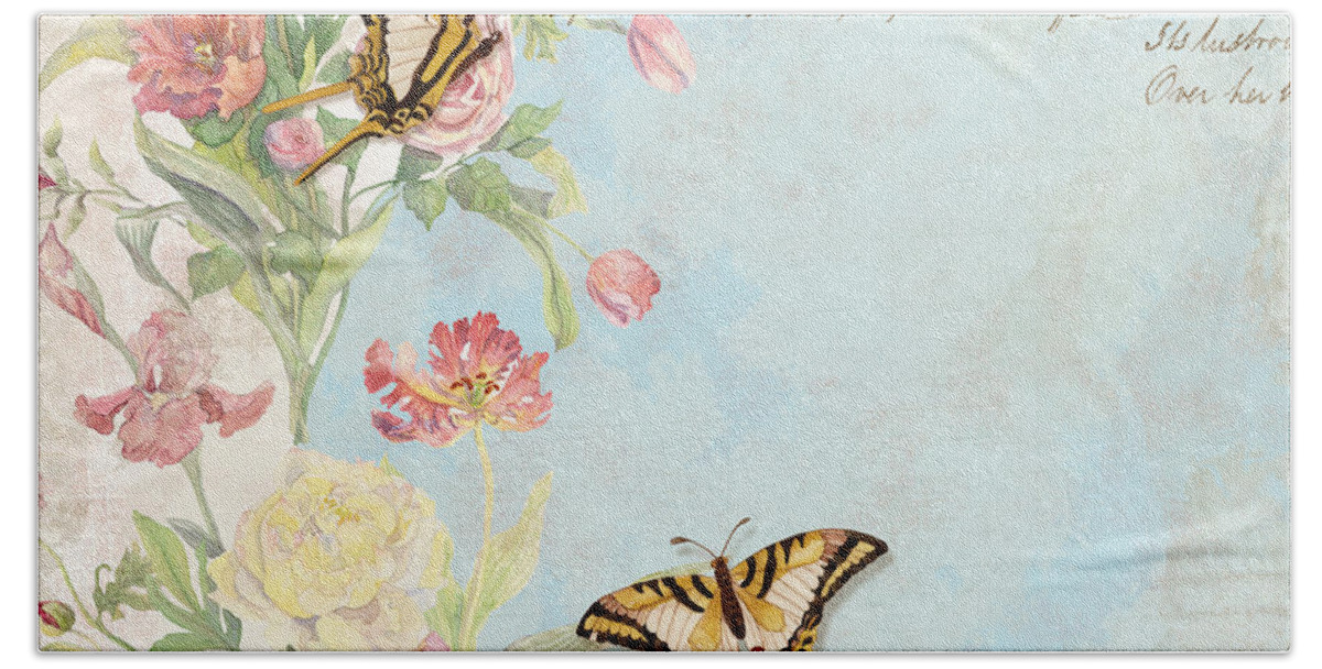 Butterfly Bath Towel featuring the painting Fleurs de Pivoine - Watercolor w Butterflies in a French Vintage Wallpaper Style #4 by Audrey Jeanne Roberts
