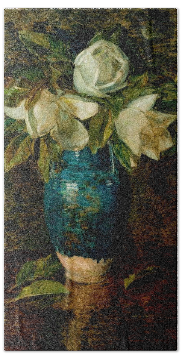 Giant Magnolias Hand Towel featuring the painting Giant Magnolias #4 by Childe Hassam