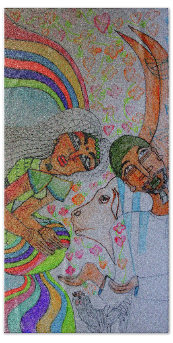 Jesus Bath Towel featuring the painting Kintu and Nambi A Folktale #4 by Gloria Ssali