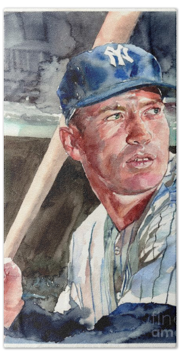 Mick Hand Towel featuring the painting Mickey Mantle portrait by Suzann Sines