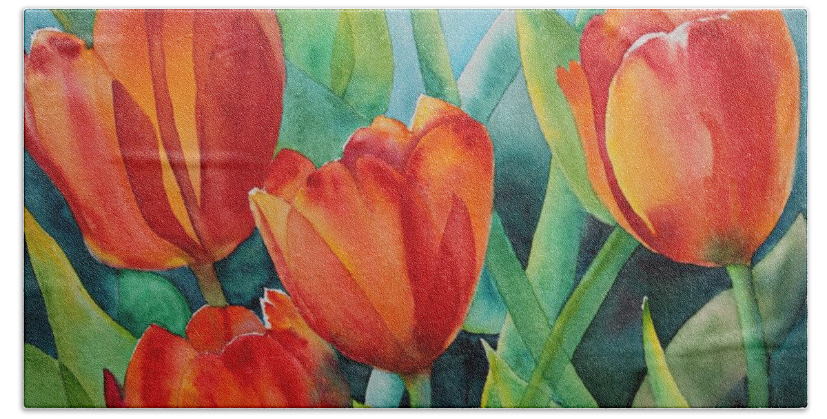 Red Flowers Bath Towel featuring the painting 4 Red Tulips by Ruth Kamenev
