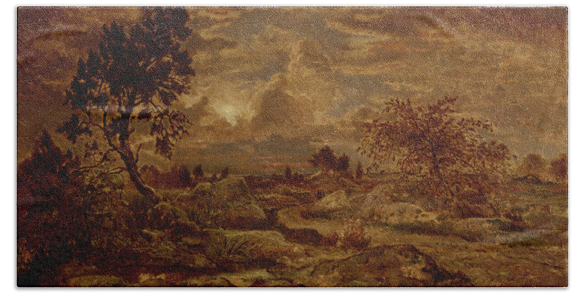 Sunset Near Arbonne Bath Towel featuring the painting Sunset near Arbonne #4 by Theodore Rousseau