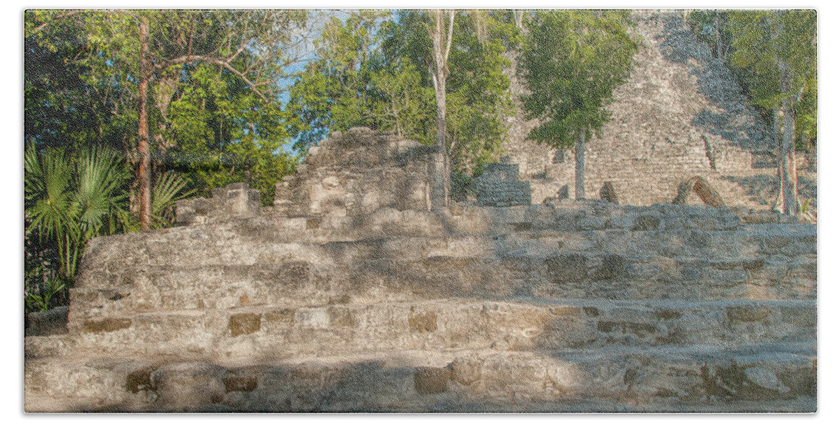 Mexico Quintana Roo Bath Towel featuring the digital art The Church at Grupo Coba At the Coba Ruins #4 by Carol Ailles