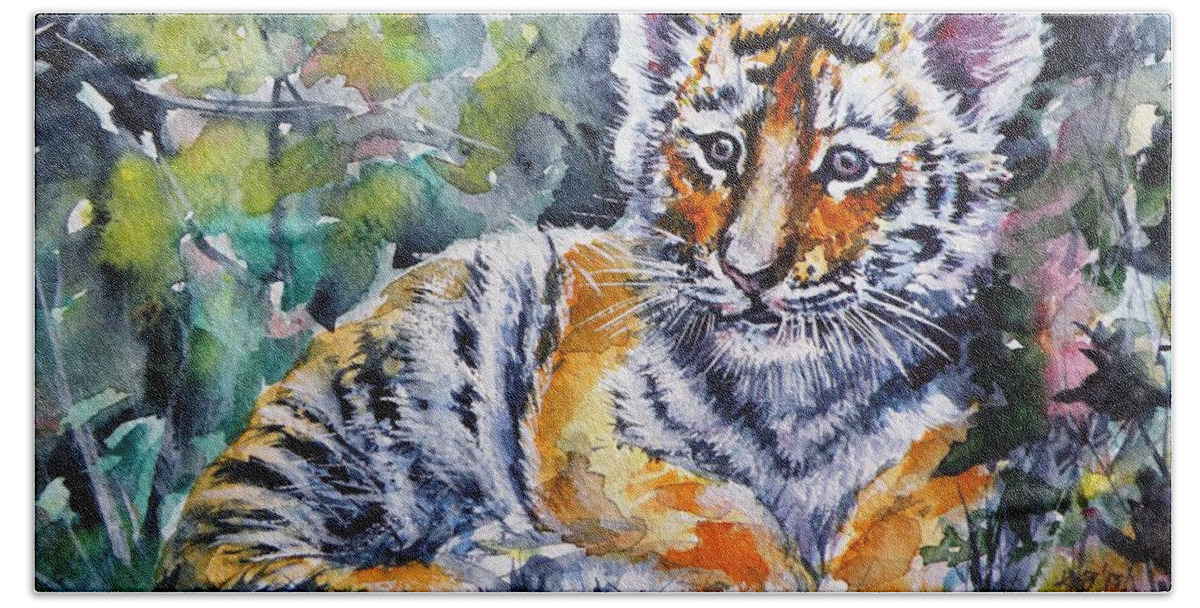 Tiger Cub Hand Towel featuring the painting Tiger cub #4 by Kovacs Anna Brigitta