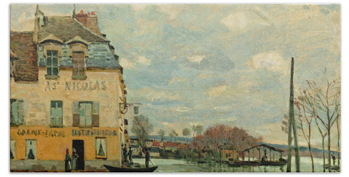 Alfred Sisley Bath Towel featuring the painting Flood at Port-Marly #5 by Alfred Sisley