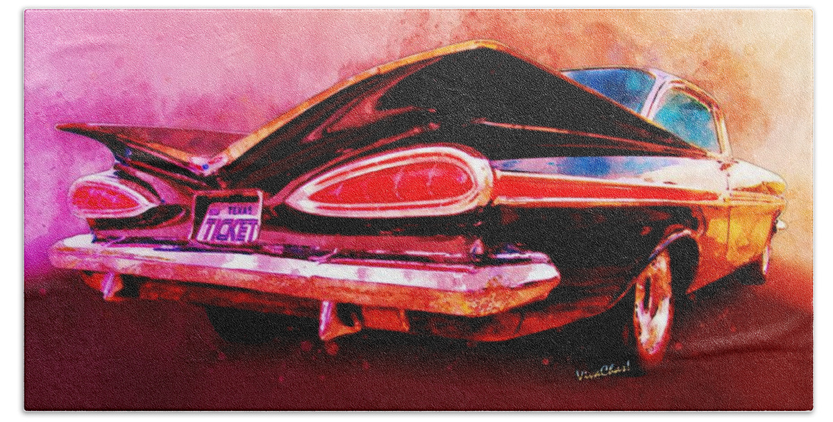 59 Bath Towel featuring the digital art 59 Chevy Ticket to Ride Watercolour by Chas Sinklier
