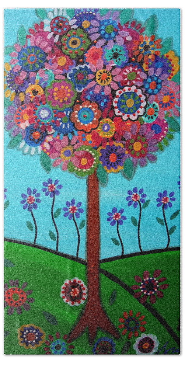 Mexican Town Bath Towel featuring the painting Tree Of Life #59 by Pristine Cartera Turkus
