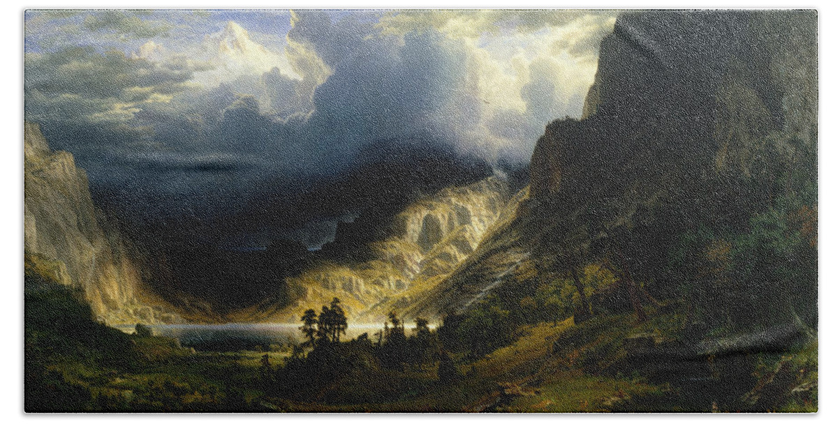 A Storm In The Rocky Mountains Bath Towel featuring the painting A Storm in the Rocky Mountains by Albert Bierstadt