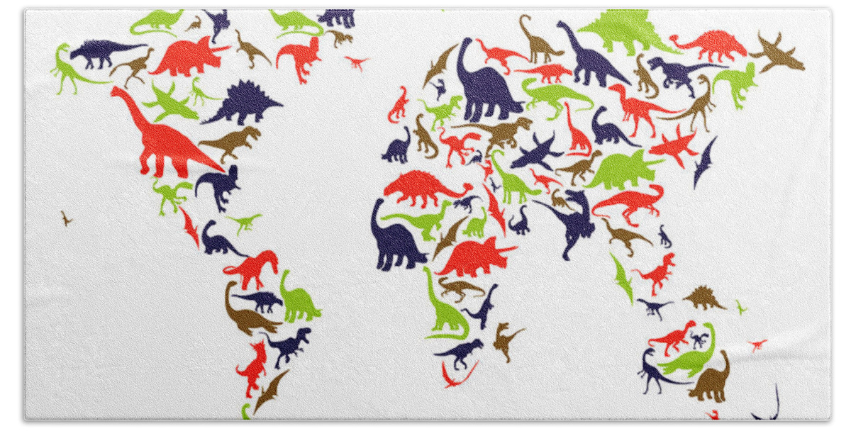 World Map Hand Towel featuring the digital art Dinosaur Map of the World Map by Michael Tompsett