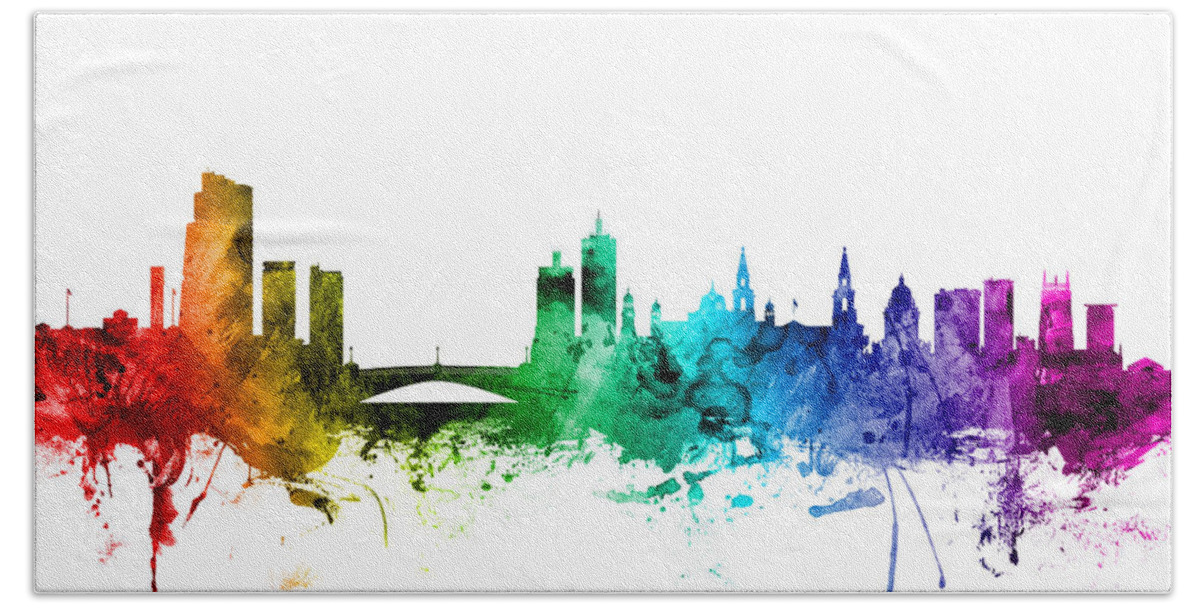 City Hand Towel featuring the digital art Leeds England Skyline by Michael Tompsett