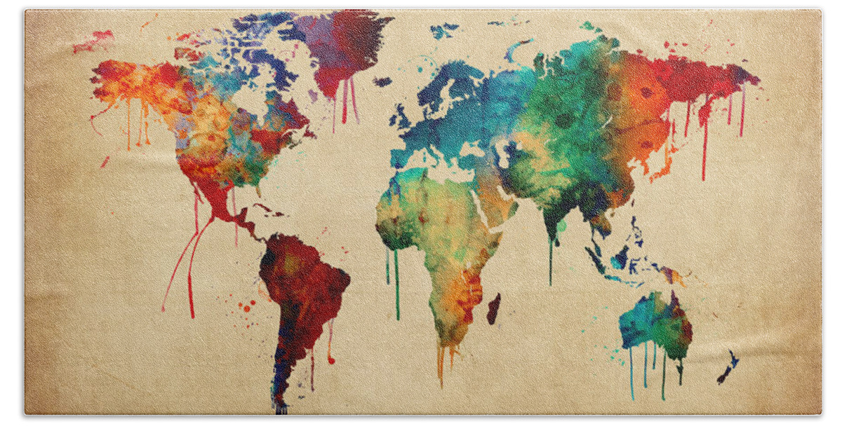 World Map Hand Towel featuring the digital art Watercolor Map of the World Map #6 by Michael Tompsett