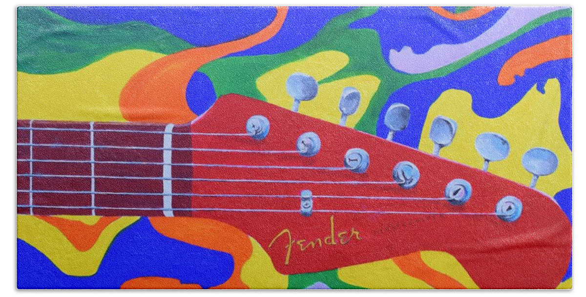 Fender Hand Towel featuring the painting 60's Fender by Celene Terry