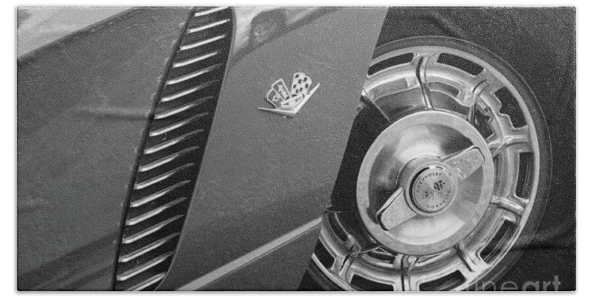 Corvette Hand Towel featuring the photograph '62 in Black and White #62 by Dennis Hedberg