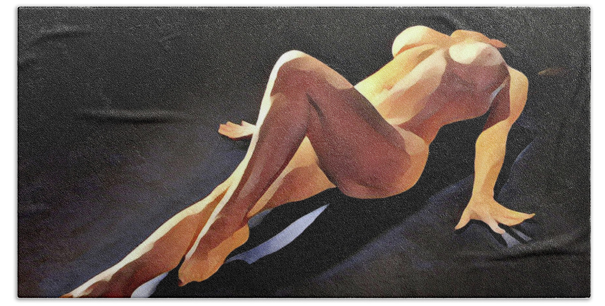 Watercolor Hand Towel featuring the digital art 6550s-AMG Watercolor Nude Woman Leg Up by Chris Maher