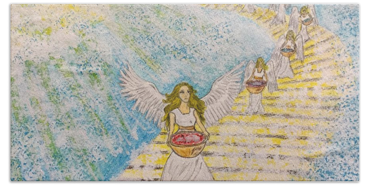 Angels Hand Towel featuring the painting 7 Angels and The 7 Bowls of Wrath by Kathy Marrs Chandler