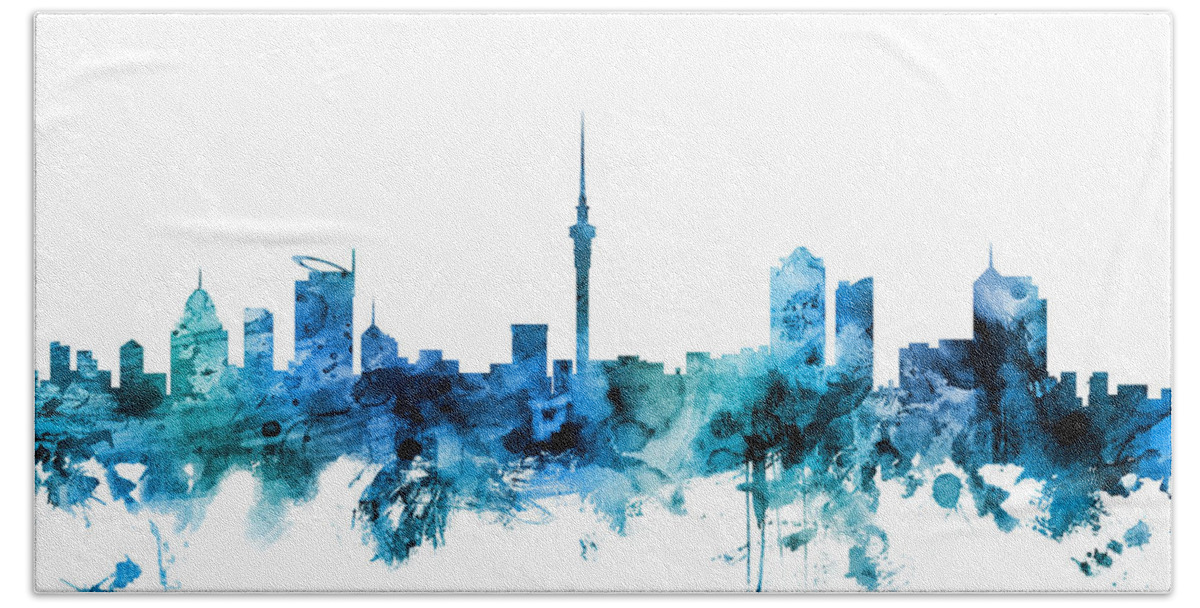 Auckland Hand Towel featuring the digital art Auckland New Zealand Skyline by Michael Tompsett