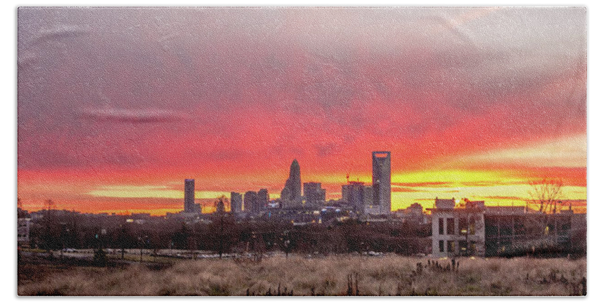 Red Bath Towel featuring the photograph Charlotte The Queen City Skyline At Sunrise #7 by Alex Grichenko