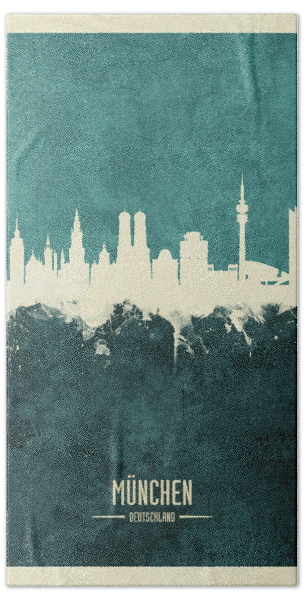 Munich Hand Towel featuring the digital art Munich Germany Skyline by Michael Tompsett