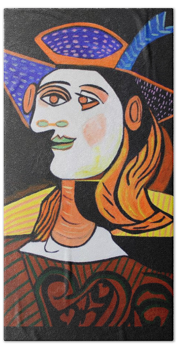 Picasso By Nora Hand Towel featuring the painting Hair Net Picasso by Nora Shepley