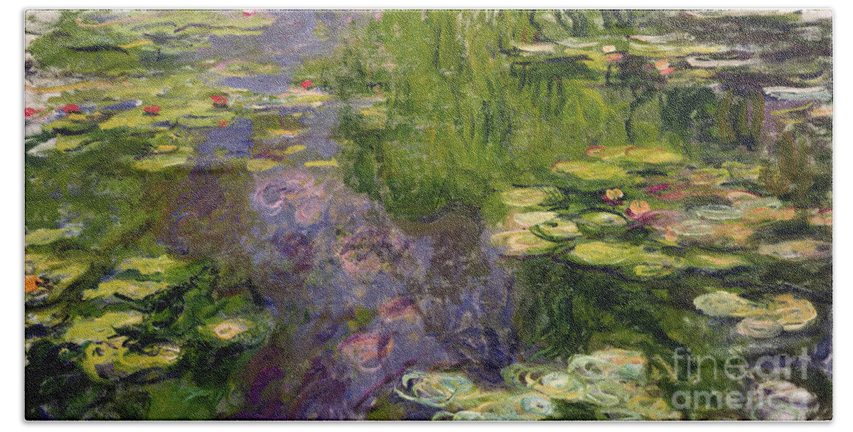 Nympheas; Water; Lily; Waterlily; Impressionist; Green; Purple Hand Towel featuring the painting Waterlilies by Claude Monet
