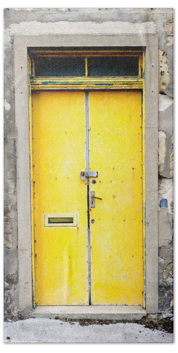 Abandoned Bath Towel featuring the photograph Yellow door #7 by Tom Gowanlock
