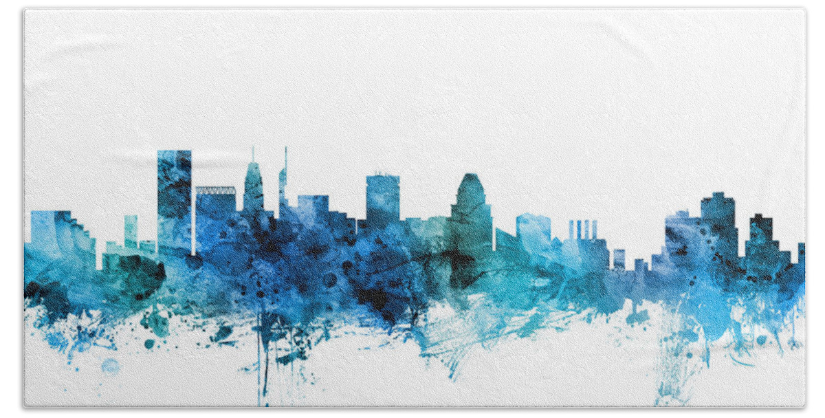 Baltimore Hand Towel featuring the digital art Baltimore Maryland Skyline #8 by Michael Tompsett