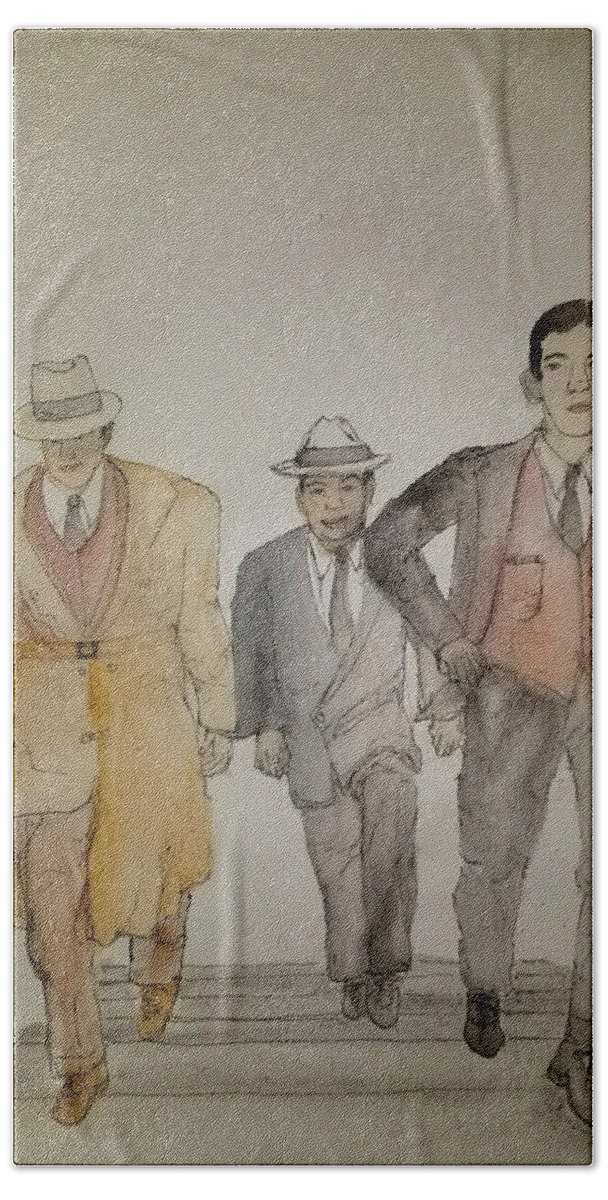 Lucky Luciani. Arrest. Mafia Bath Towel featuring the painting Italians Ellis island prohibition album #8 by Debbi Saccomanno Chan