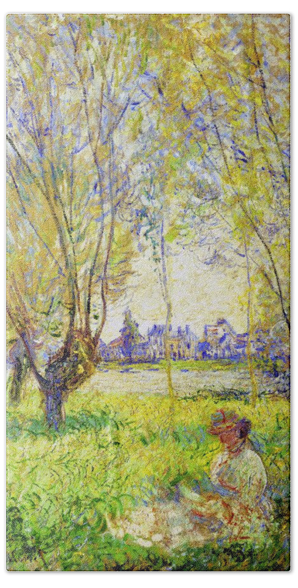 Claude Monet Bath Towel featuring the painting Woman Seated Under The Willows #4 by Claude Monet