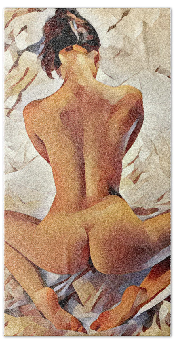 Watercolor Bath Towel featuring the digital art 8797s-MAK Watercolor of Nude on Fabric Long Neck Broad Shoulders Slim Waist by Chris Maher