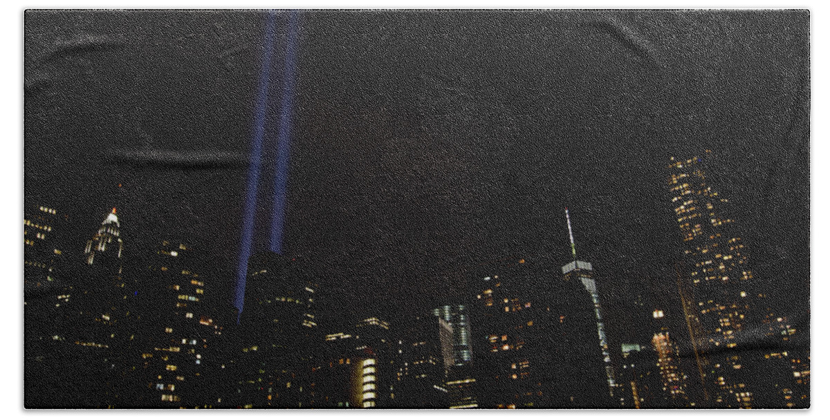 15th Anniversary Bath Towel featuring the photograph 9-11 Tribute NYC Skyline from Seaport by Jeff at JSJ Photography