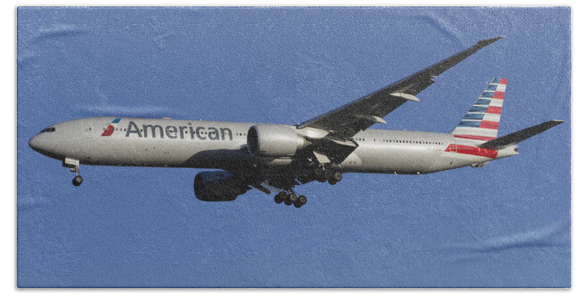 American Hand Towel featuring the photograph American Airlines Boeing 777 #3 by David Pyatt