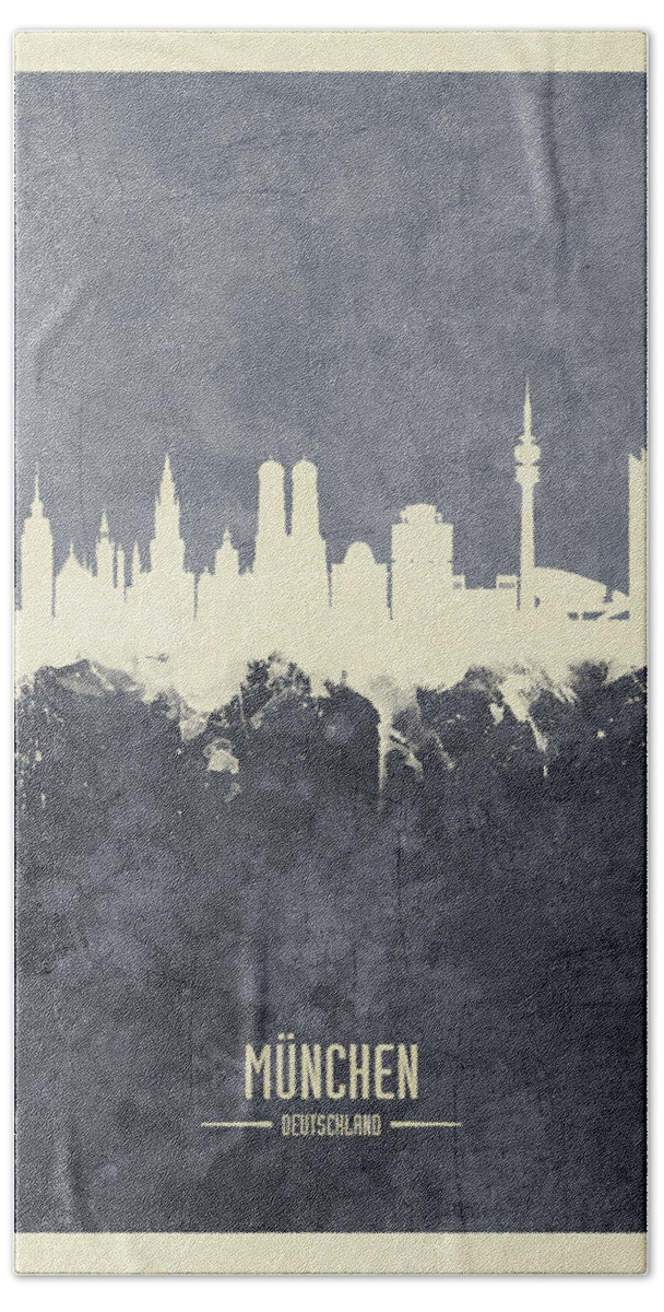 Munich Hand Towel featuring the digital art Munich Germany Skyline by Michael Tompsett