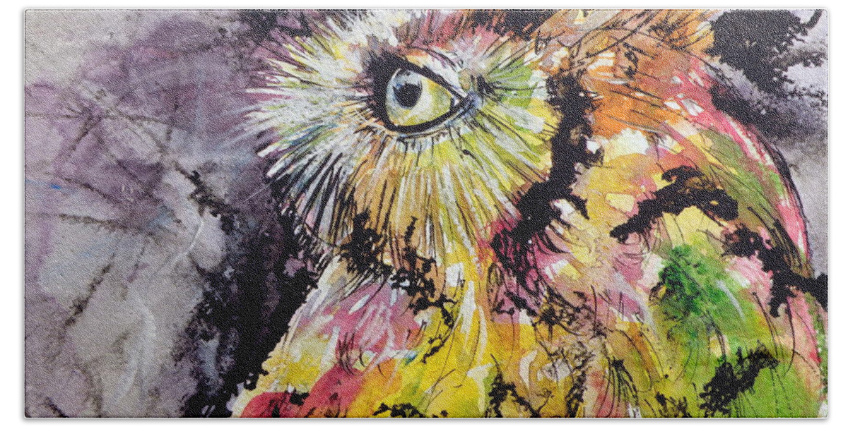 Owl Bath Towel featuring the painting Owl #7 by Kovacs Anna Brigitta