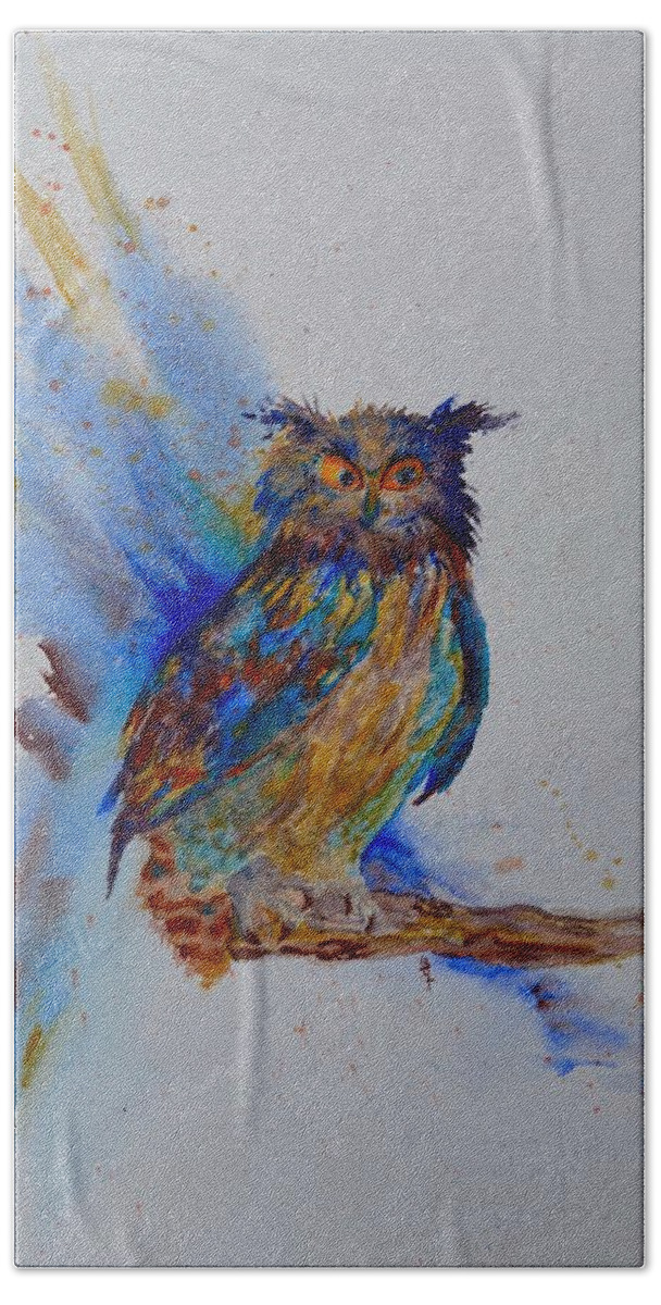 A Blue Mood Owl Bath Towel featuring the painting A Blue Mood Owl by Beverley Harper Tinsley