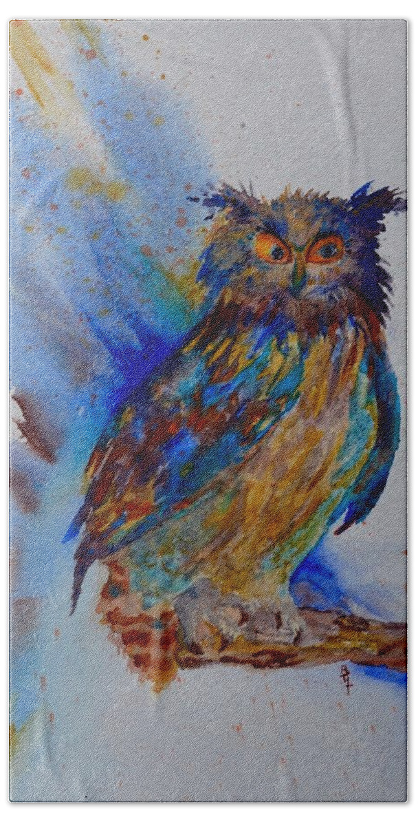 A Blue Mood Owl Bath Towel featuring the painting A Blue Mood Owl cropped by Beverley Harper Tinsley