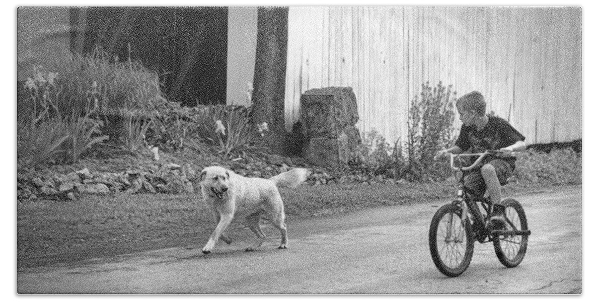 A Boy And His Dog Bw Hand Towel featuring the photograph A Boy and His Dog BW by Phyllis Taylor