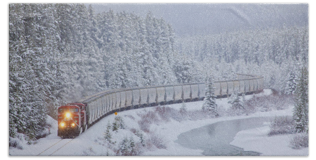 Canada Hand Towel featuring the photograph A Canadian Pacific Train Travels Along by Chris Bolin
