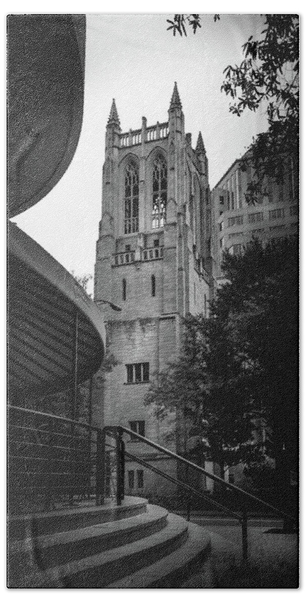 First United Methodist Church Bath Towel featuring the photograph A Charlotte Church Tower In Black and White by Greg and Chrystal Mimbs