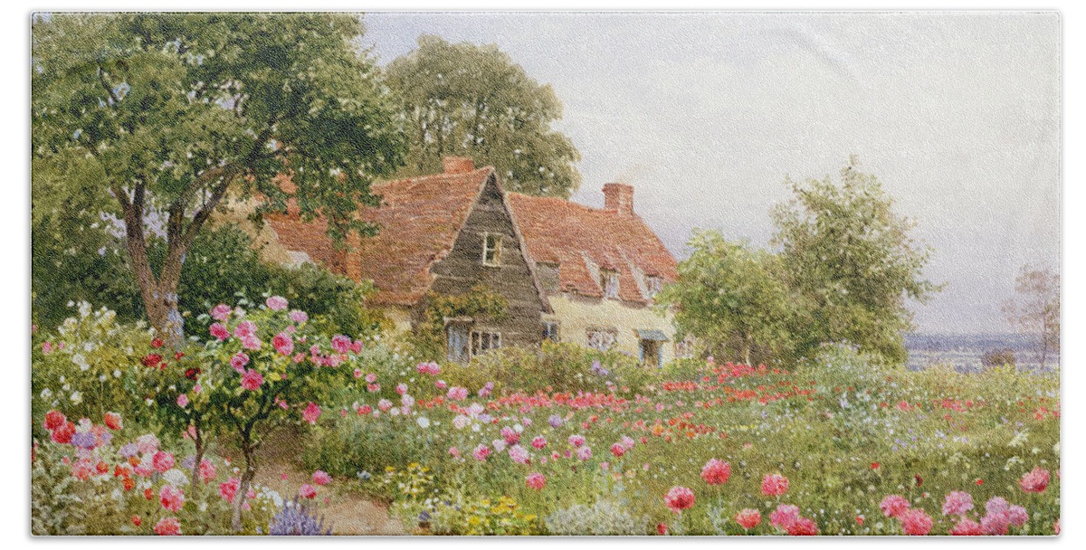 The Cottar's Pride Hand Towel featuring the painting A Cottage Garden by Henry Sutton Palmer