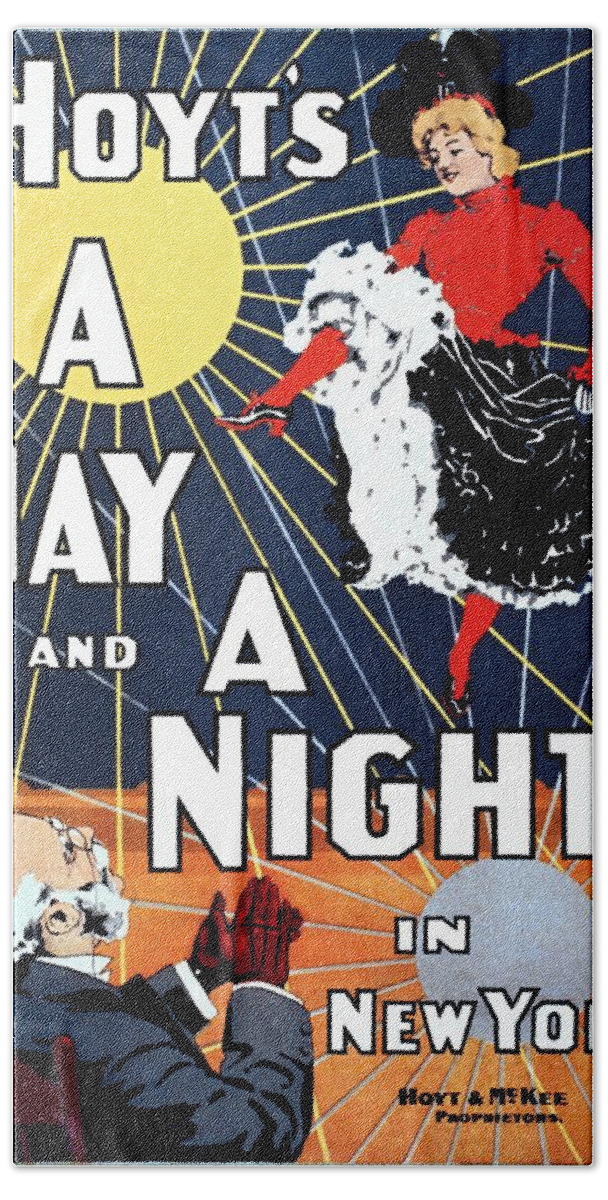 New York Hand Towel featuring the painting A Day and a Night in New York, performing arts poster, 1898 by Vincent Monozlay