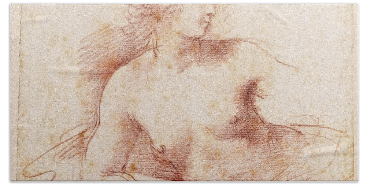Guercino Bath Towel featuring the drawing A female nude looking to the right half length resting her right arm on a cushion by Guercino