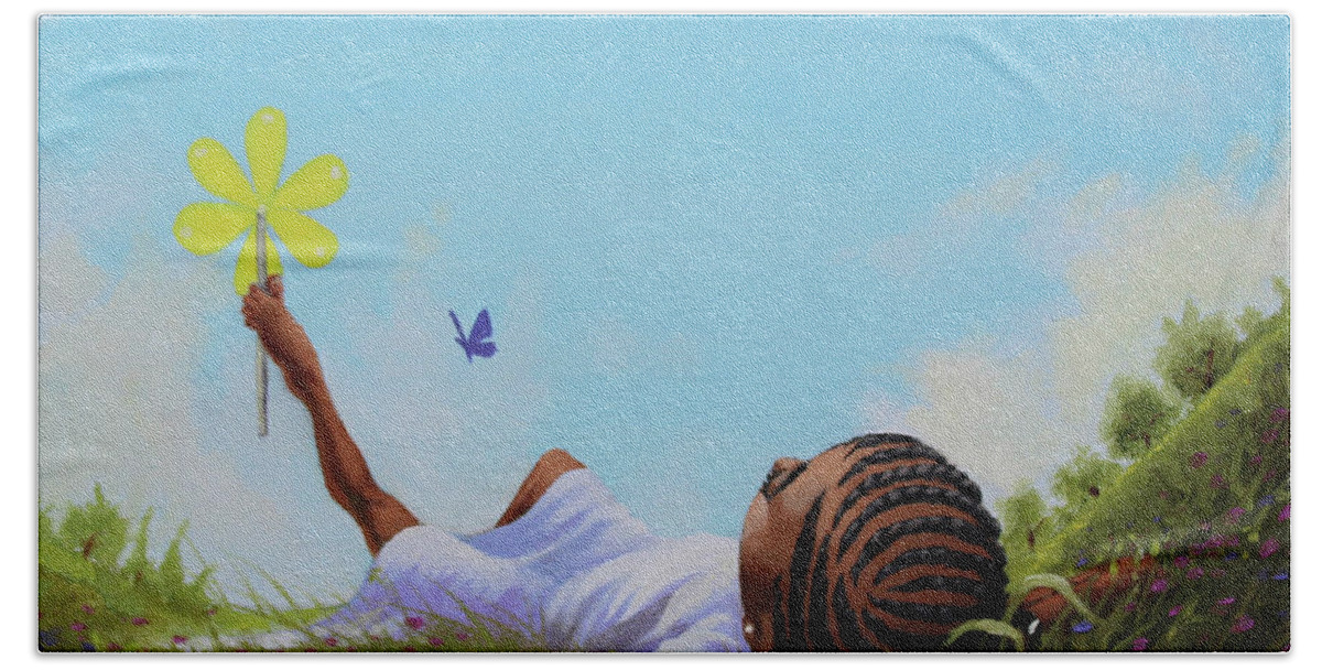 African American Hand Towel featuring the painting A flower in the sky by Jerome White