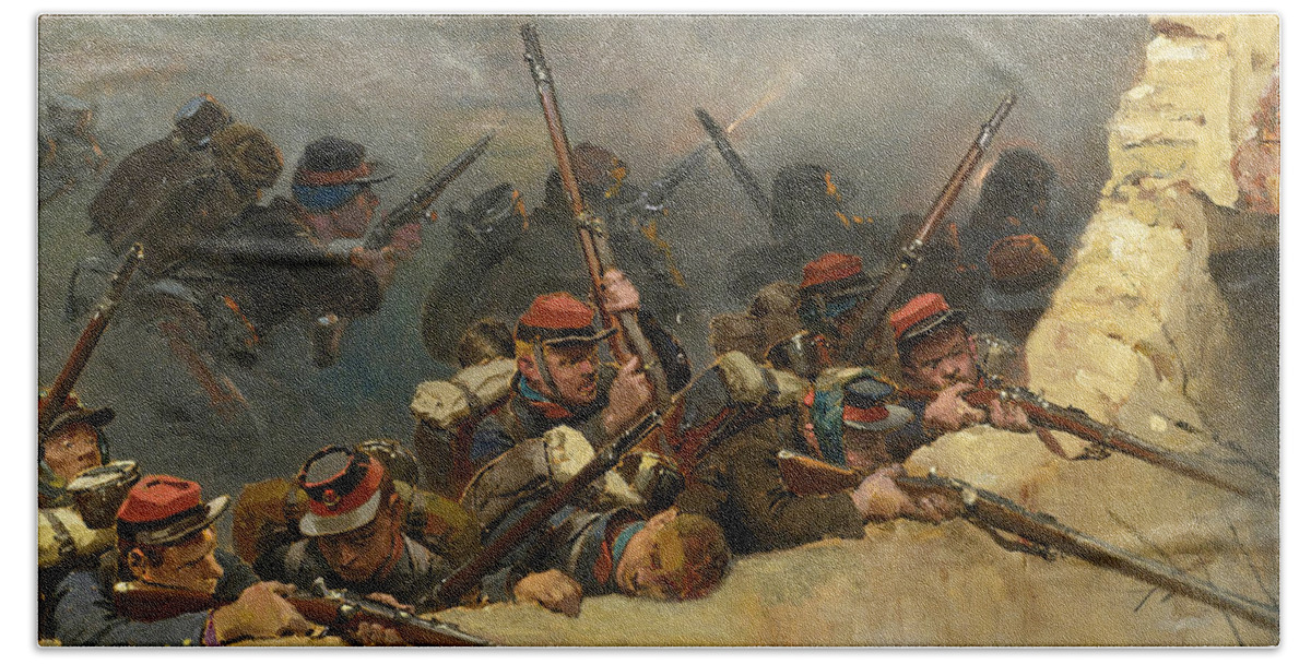 Edouard Detaille Hand Towel featuring the painting A Fragment from the Panorama of the Battle of Champigny by Edouard Detaille