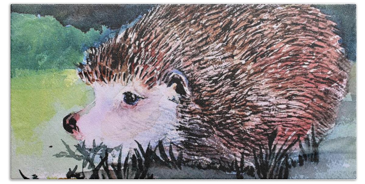 Hedgehog Bath Towel featuring the painting A Friend to Beatrix Potter by Mindy Newman