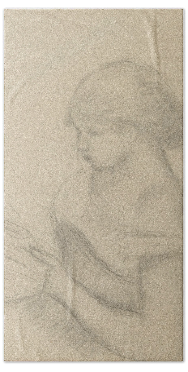 19th Century Art Bath Towel featuring the drawing A Girl Reading by Auguste Renoir