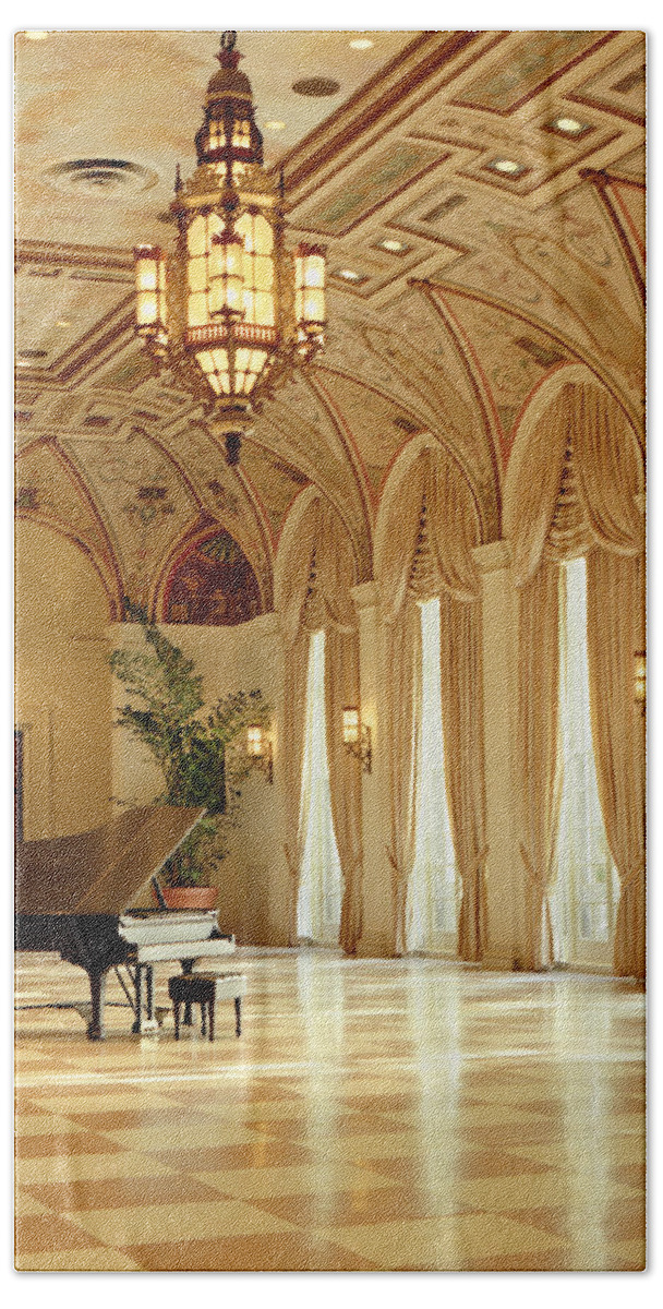 The Breakers Bath Towel featuring the photograph A Grand Piano at the Breakers Palm Beach 100 by Rich Franco