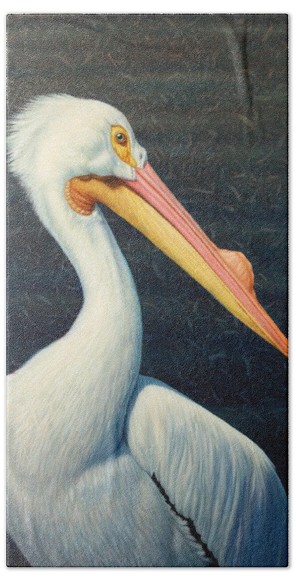 Pelican Hand Towel featuring the painting A Great White American Pelican by James W Johnson